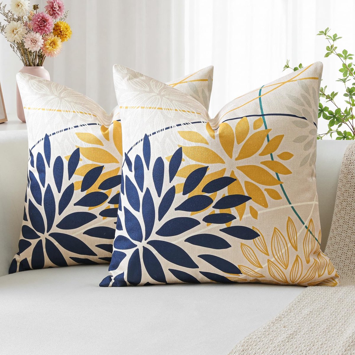 Abstracte bloemen, donkerblauw, geel, geometrische kussensloop, 45 x 45 cm, 2 stuks, van linnen, voor huis, woonkamer, slaapkamer, lente, bloemen, woondecoratie