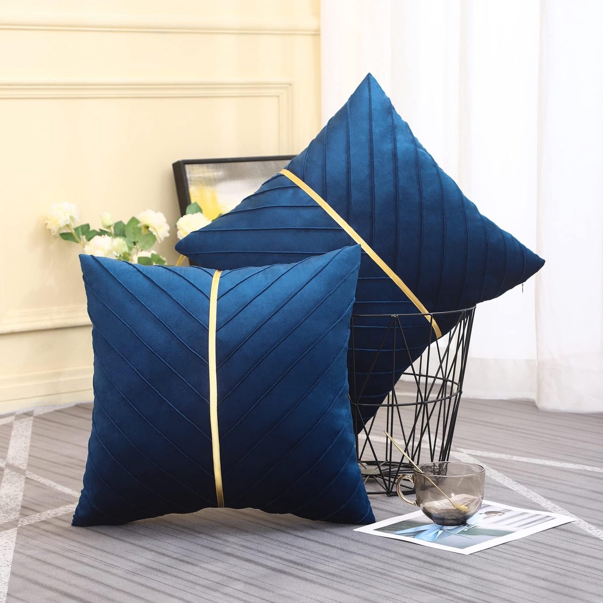Marineblauwe fluwelen sierkussenhoezen, 50,8 x 50,8 cm, set van 2, met goudkleurig leer, decoratieve bank, luxe, moderne kussenslopen voor bruiloft, woonkamer, slaapkamer, bankkussen, bed