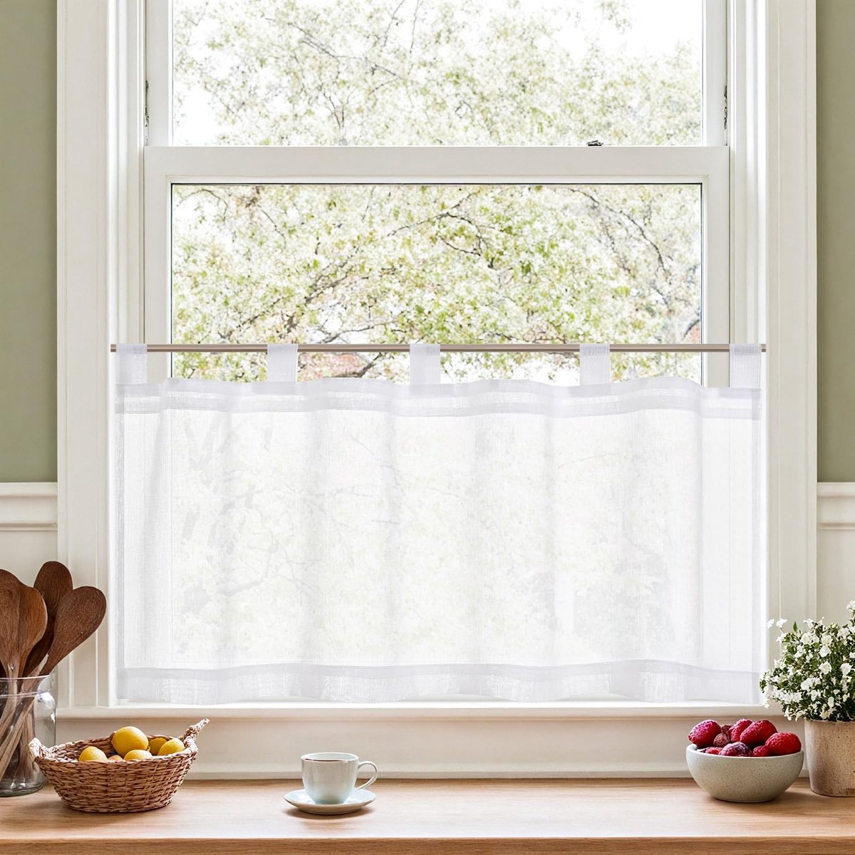 Vitrage met lussen, lichtdoorlatend, bistrogadine, landhuisstijl, linnenlook, voile, keukengordijn, keukengordijnen, set van 1, H 45 x B 90 cm, klein raam, wit