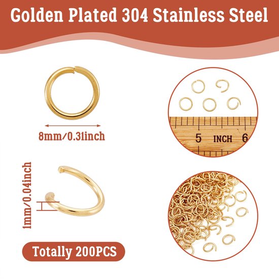 200 stuks gouden roestvrijstalen open springringen 8mm rond 1mm dik ronde ongesoldeerde ringconnectoren voor kettingmaliën sieraden maken — afbeelding 2