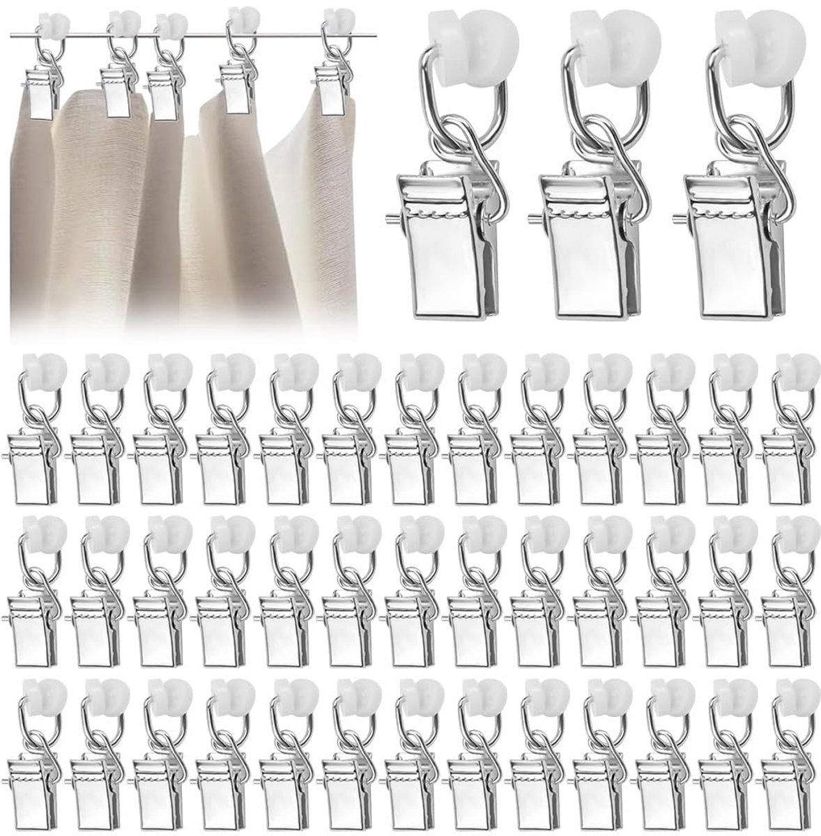 Gordijnklemmen, gordijnhaken met wieltjes, metalen gordijnrollers, gordijnrails, gordijnglijders, gordijnclips voor erker, ruimteverdeler, doucheruimtes, caravans, auto's (zilver)