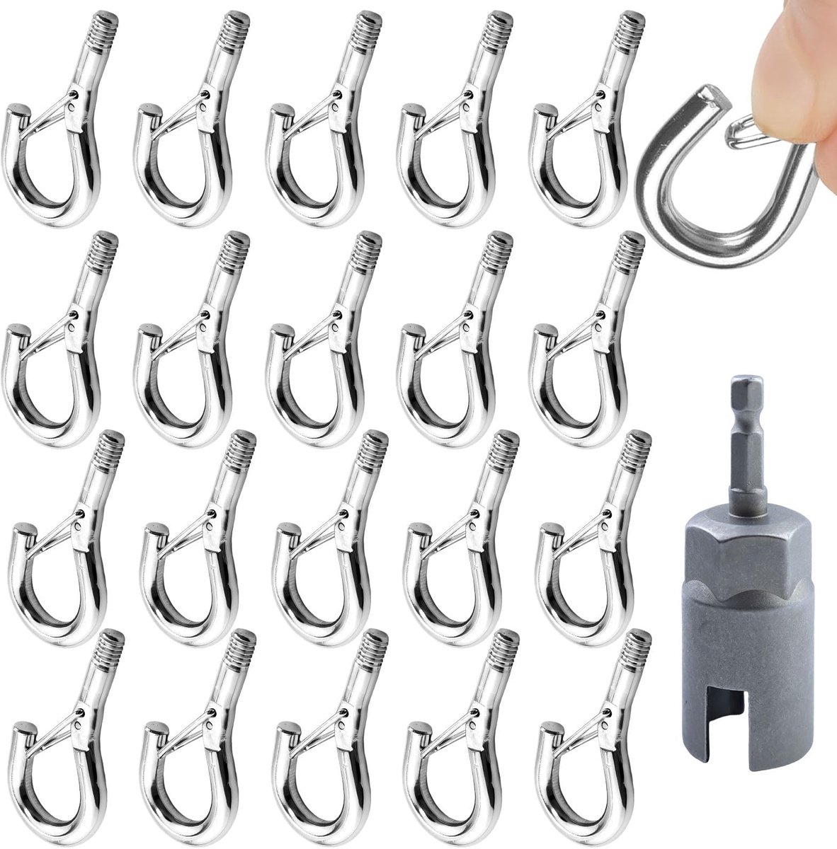 20 stuks haken om te schroeven, 45 x 24 mm schroefhaken met 1 zeskantige schacht moer driver bit tecksleutel voor plantenmanden, vogelhuisjes, windgongen, lichtkettingen