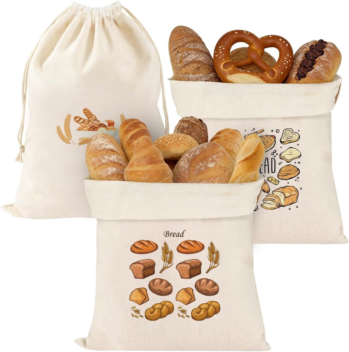 Broodzakken - Kaki - 40 x 30 cm - Herbruikbare Linnen Zakken met Trekkoord - Voor Brood, Groenten en Fruit