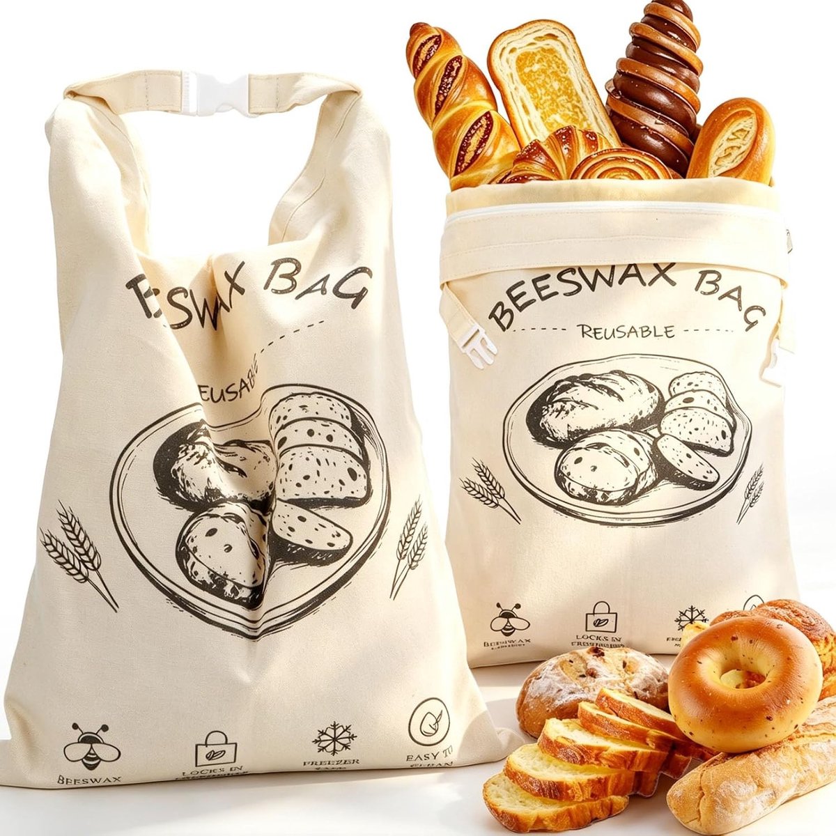 Set van 2 Bijenwas Broodzakken - Natuurlijke Kleur - 42 x 32 cm - Herbruikbare Broodzak voor Vers Brood en Snacks