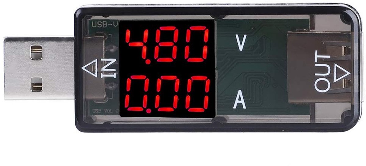 USB Voltmeter en Ampèremeter - Zwart - 70 x 25 x 10 mm - Digitale Stroommeter met SMAT-technologie - Voor USB Gevoede Apparaten