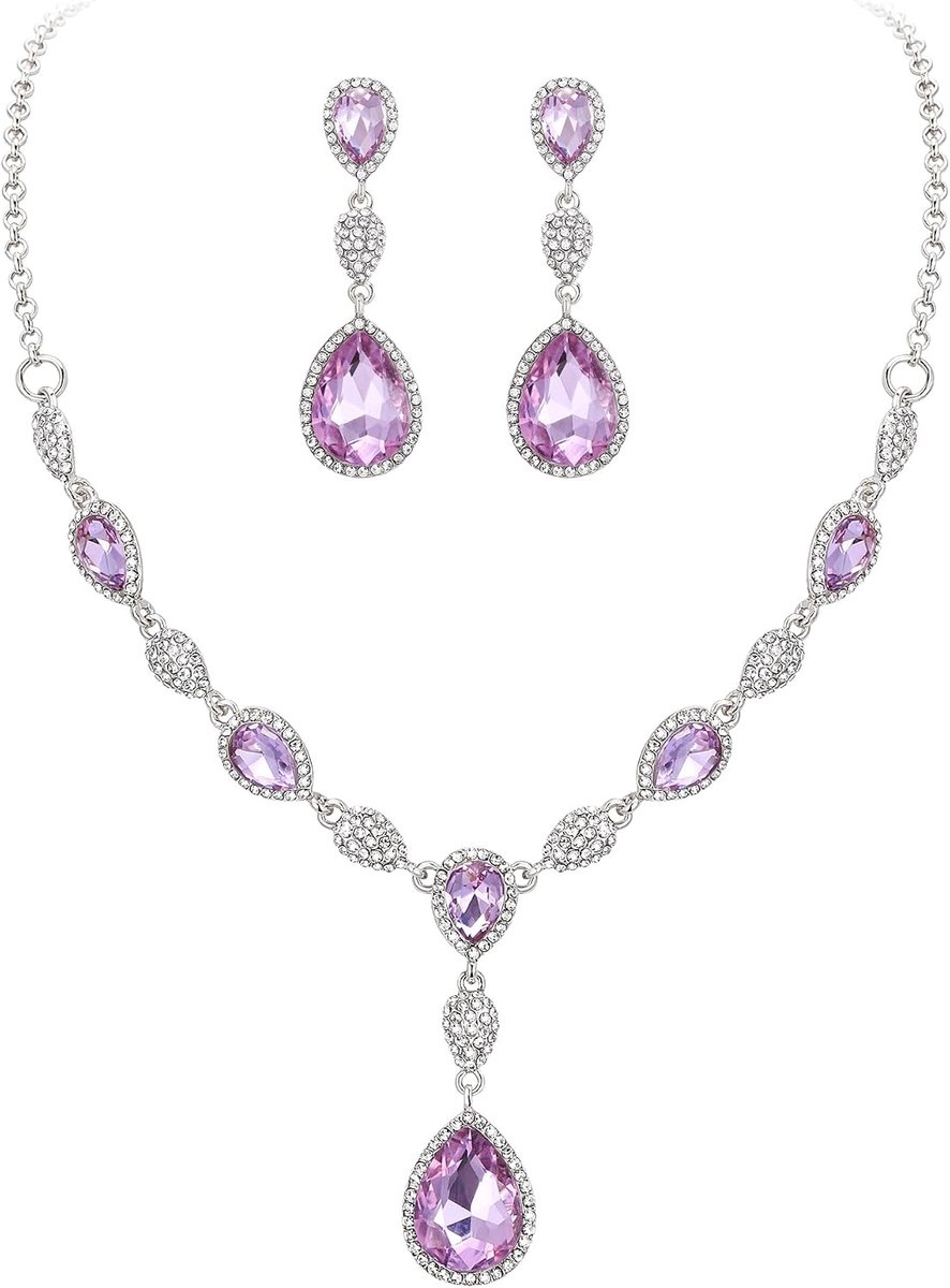 Sieradenset voor dames, bruiloft, bruid, zirkonia, teardrop Y, halsketting en oorbellen, sieradenset voor vrouwen