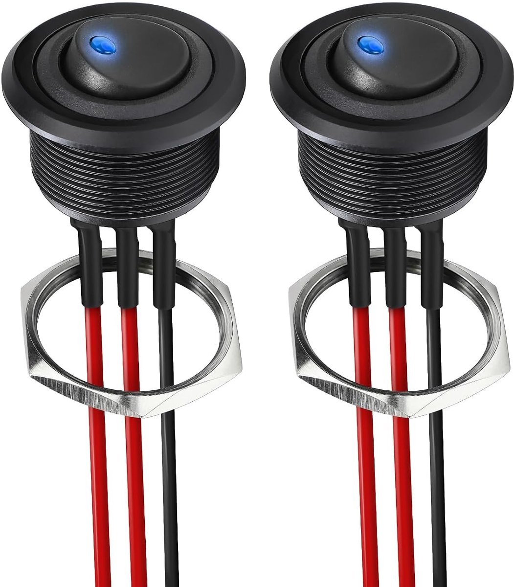 Tuimelschakelaars Rond 20A SPST Aan/Uit-schakelaar Zelfborgende 25mm, 14 AWG Voorbedrade Kabels voor Camper Boot Vrachtwagen Auto, 12V/24V (2Pcs, Tuimelschakelaars)