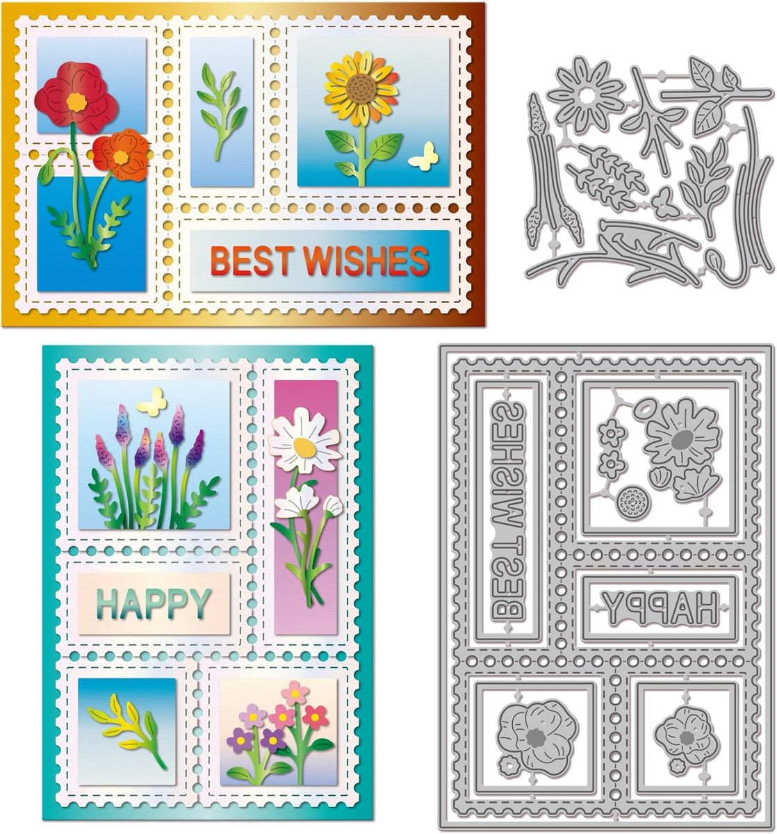 Bloemenstansvormen voor postzegels, zonnebloemen, madeliefjes, metalen stansdelen, planten, "Beste wensen", bordursvormen voor doe-het-zelf reliëf, scrapbooking, papierknutselen en