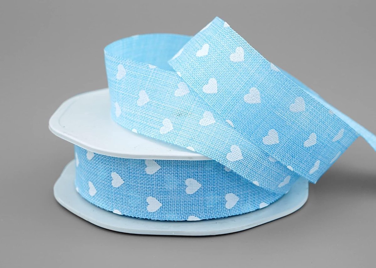 Hearts Decoratielint met hartjes, 20 m x 25 mm, lichtblauw, cadeaulint, lint, stoffen lint, linnenlook, decoratieve cadeauverpakking, lint met hartjes, doop, geboorte, jongens, liefde, baby, 20 m