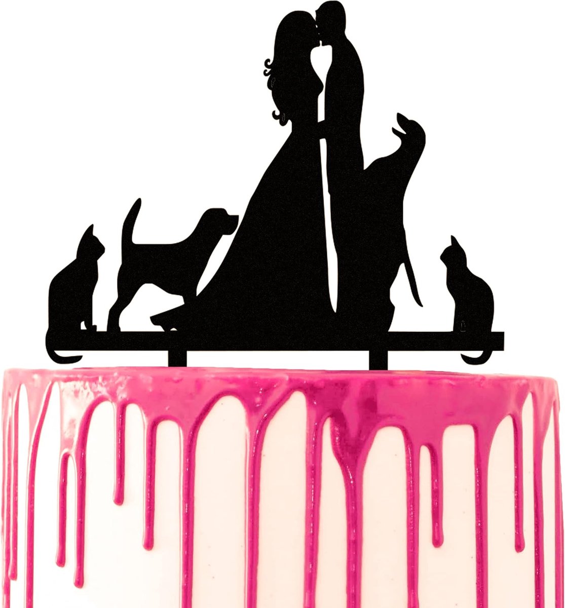 Bruiloft Cake Topper Huwelijk partij taart decoratieve Acryl taart decoratie twee honden twee katten dierenliefhebbers Bruidegom & Bruid Kus Cake Topper