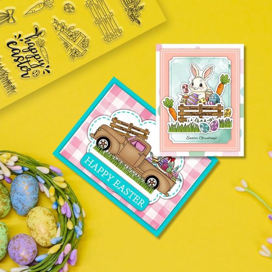 Vrolijk Pasen Postzegels en Matrijzen Set voor Kaarten Maken Paashaas Ei en Truck Clear Stempels en Snijmallen voor Scrapbooking DIY Crafting Decoratief — afbeelding 3