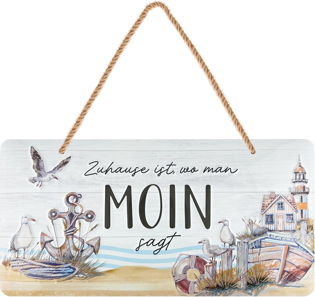 Retro metalen bord, Zuhause ist wenn man Moin sagt, maritieme Oostzee decoratie voor hal, keuken, balkon, terras, koordbord met jute koord, reliëf gestanst, 16 x 32 cm