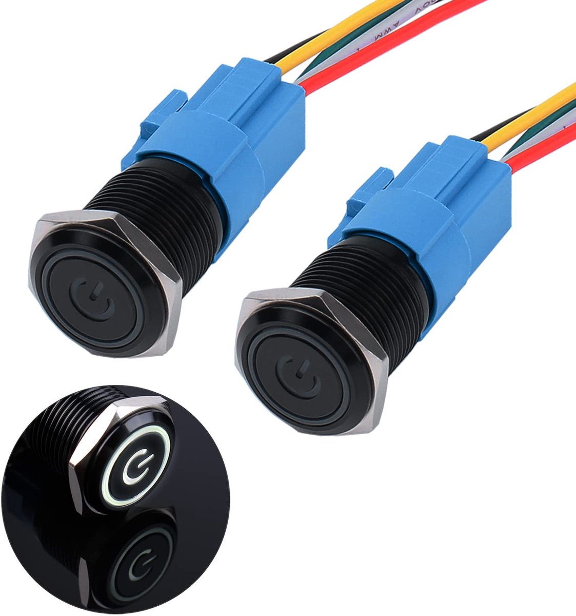 Waterdichte drukschakelaar, 2 × 16 mm, 12 V tot 24 V, 3 A, aan/uit-knop, schakelaar met LED-verlichting, zwarte metalen behuizing, voorbekabelde momentary drukknop voor auto,