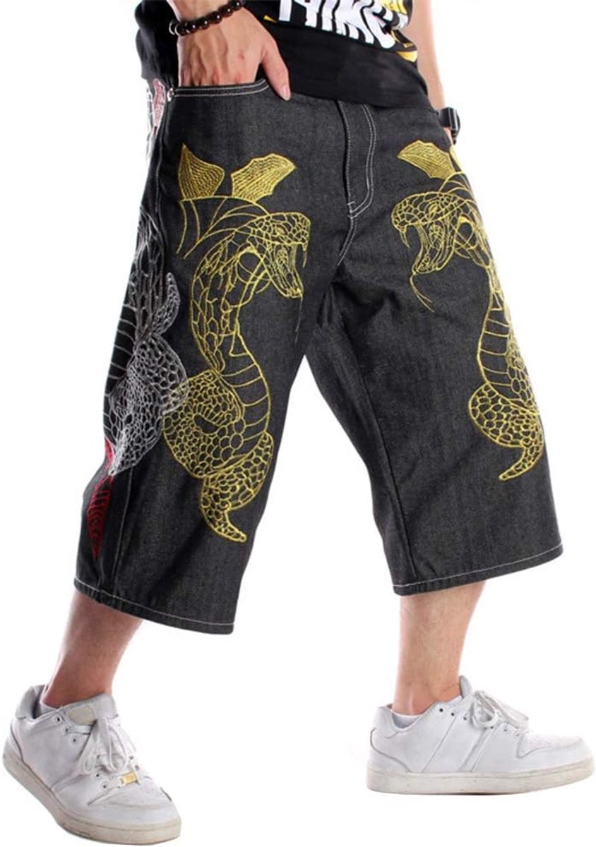 Baggy Jean Shorts for Men Casual Loose Fit Hip Hop Skateboard Denim Shorts (34, Black 019-1)