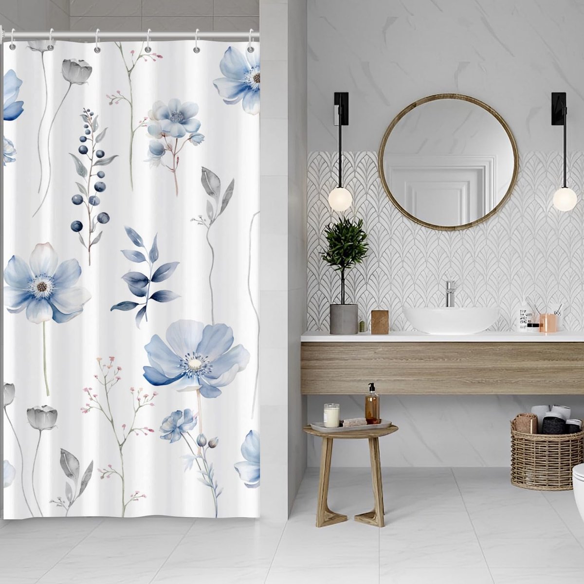 Douchegordijn 120 x 200 cm, lente aquarel blauwgrijze bloembladeren planten wit bad wasbaar smalle douchegordijnen polyester textiel waterdicht douchegordijn voor bad met 8 haken