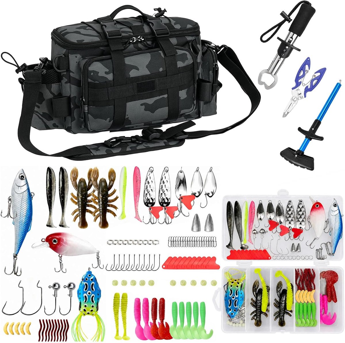 Complete Vissersset 111 Delig, 107 Kunstaas en Visaccessoires, Vis Tang, Onthaker, Visgrijper, Hengelsport Starterset voor Snoek Baars Forel