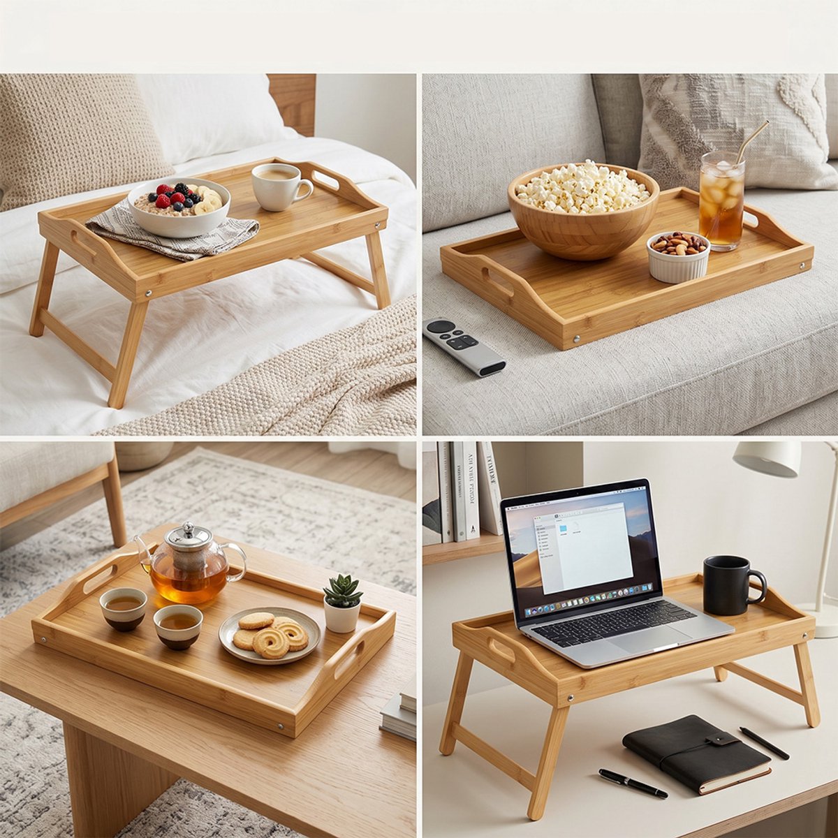 Opvouwbaar Serveerblad Van Bamboe, Nachtkastje Met Inklapbare Poten, Multifunctioneel Ontbijtblad Voor Op Schoot, Opklapbare Bedtafel. — cadeau in Koken & Dineren - foto 4