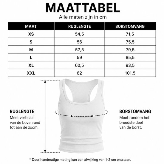 Maattabel voor tanktop met instructies voor ruglengte en borstomvang in centimeters.