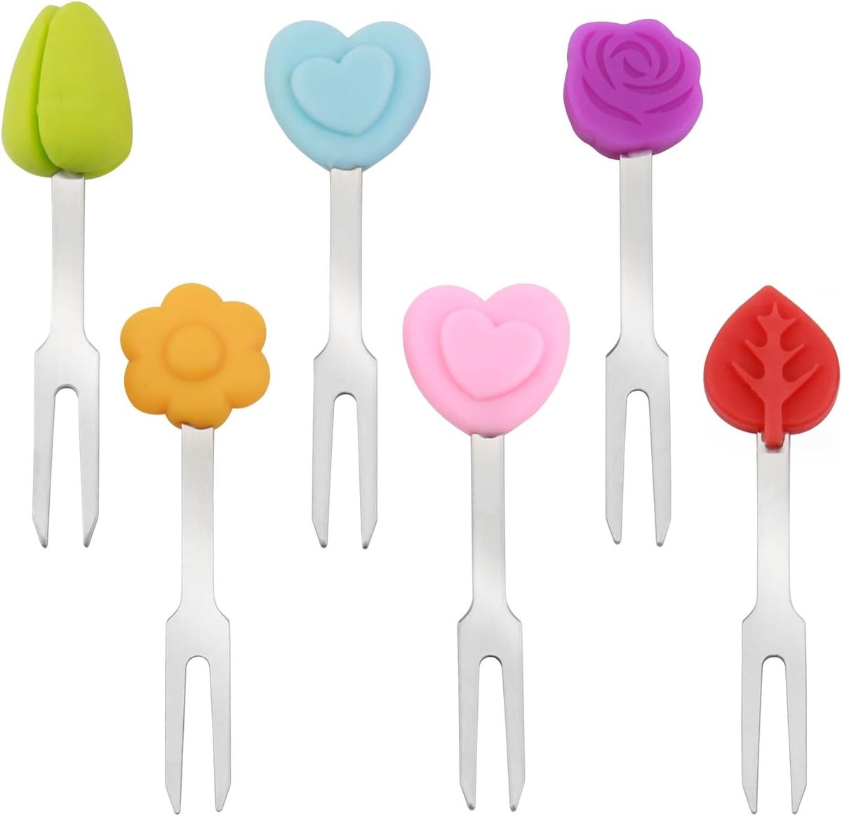 Herbruikbare RVS Fruitvorken met Siliconen Decoratie, Makkelijke Schoonmaak, Kleurige Prikkers voor Voedsel, Perfect voor Delen en Decoratie (6 stuks)
