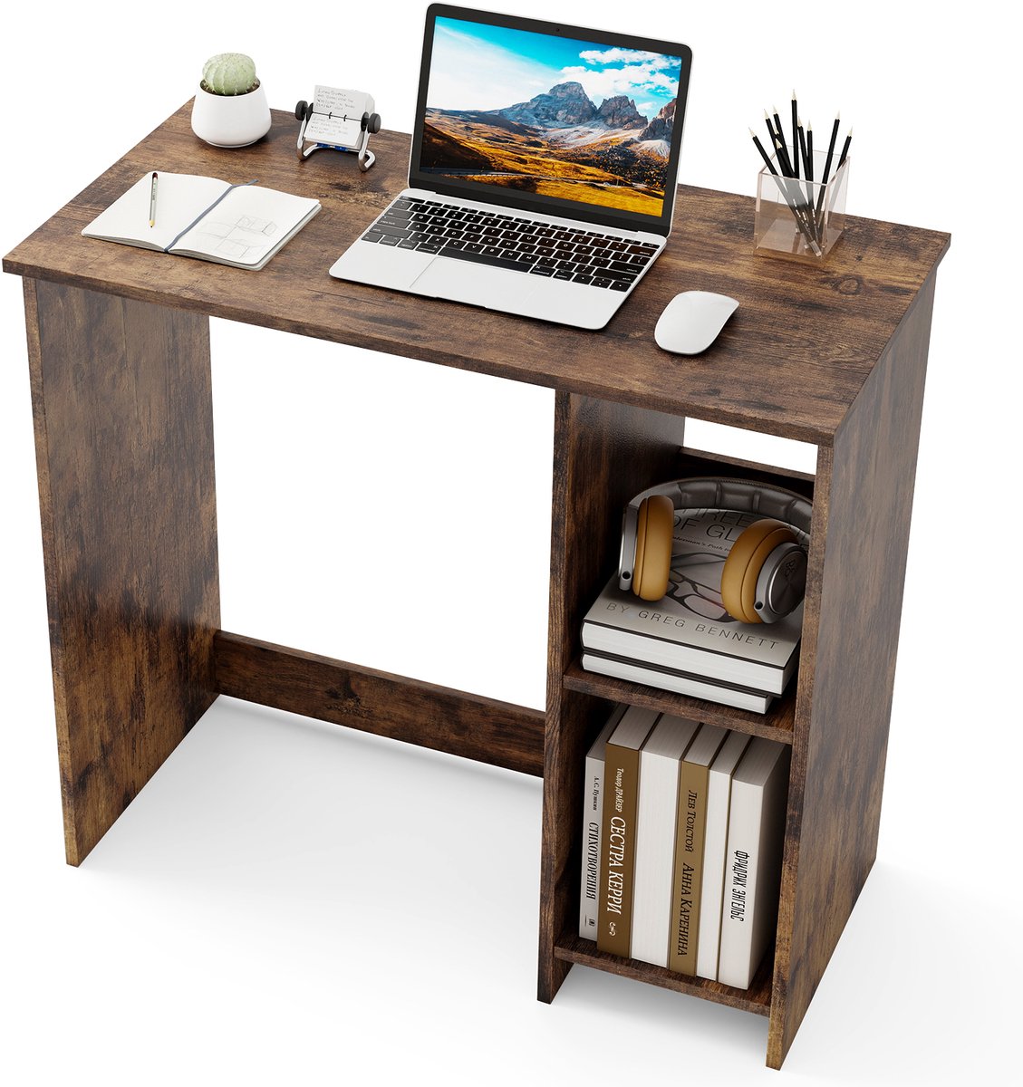 COSTWAY Klein bureau, computertafel met 2 vakken, pc-tafel, bureautafel voor kleine ruimtes, 80 x 40 x 74 cm, bruin