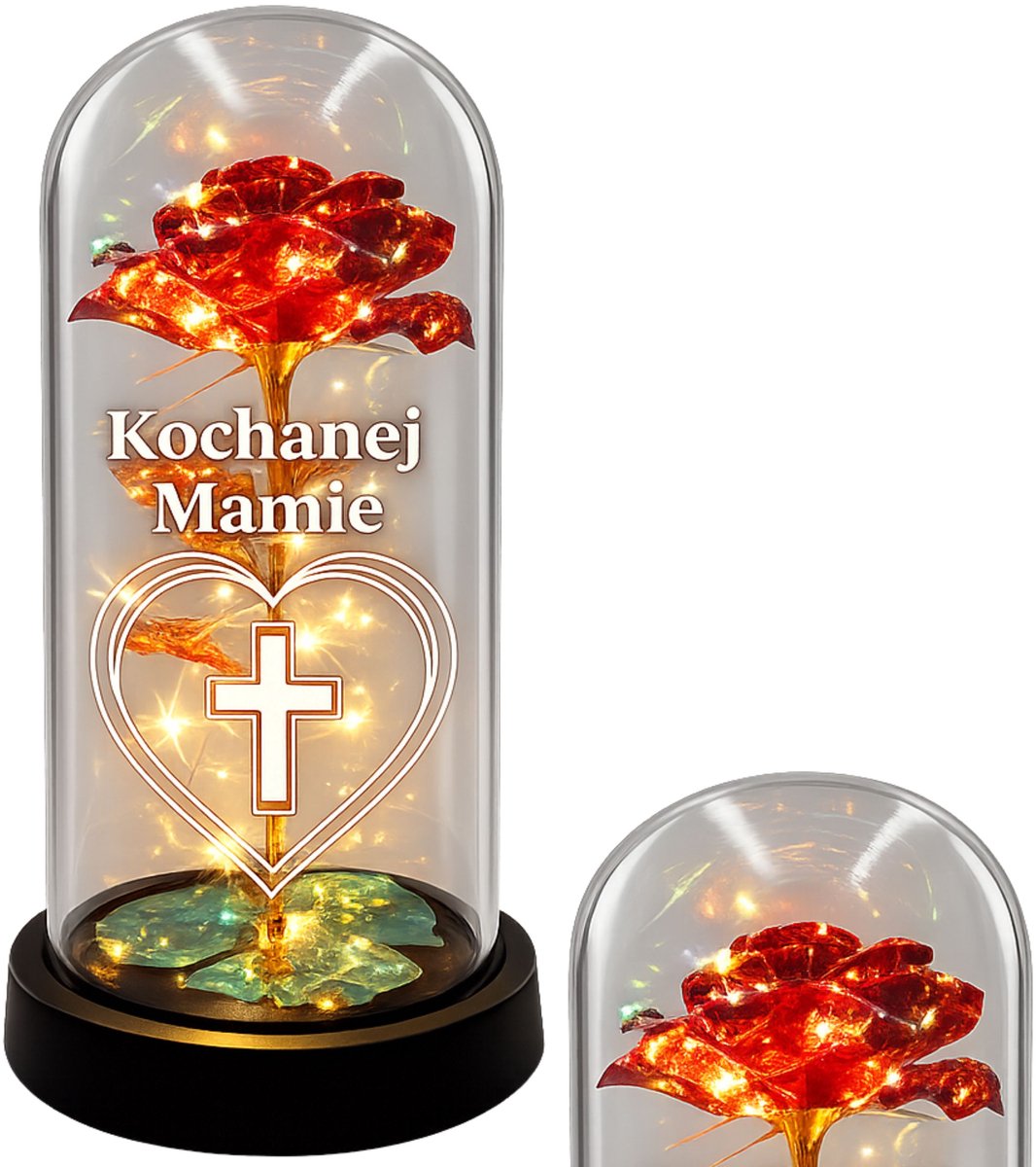 Merkloze LED Znicz met Eeuwige Roos en Kruis - Herdenking Mama