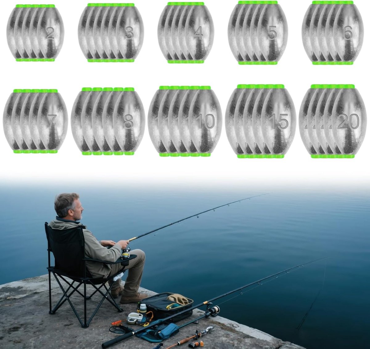 Grondlood - 50 stuks vislood 2 g 3 g 4 g 5 g 6 g 7 g 8 g 10 g 15 g 20 g - visgewichten kit looplood vissen voor outdoor vissen - hoogzee - bootvissen - strandvissen (10 maten)