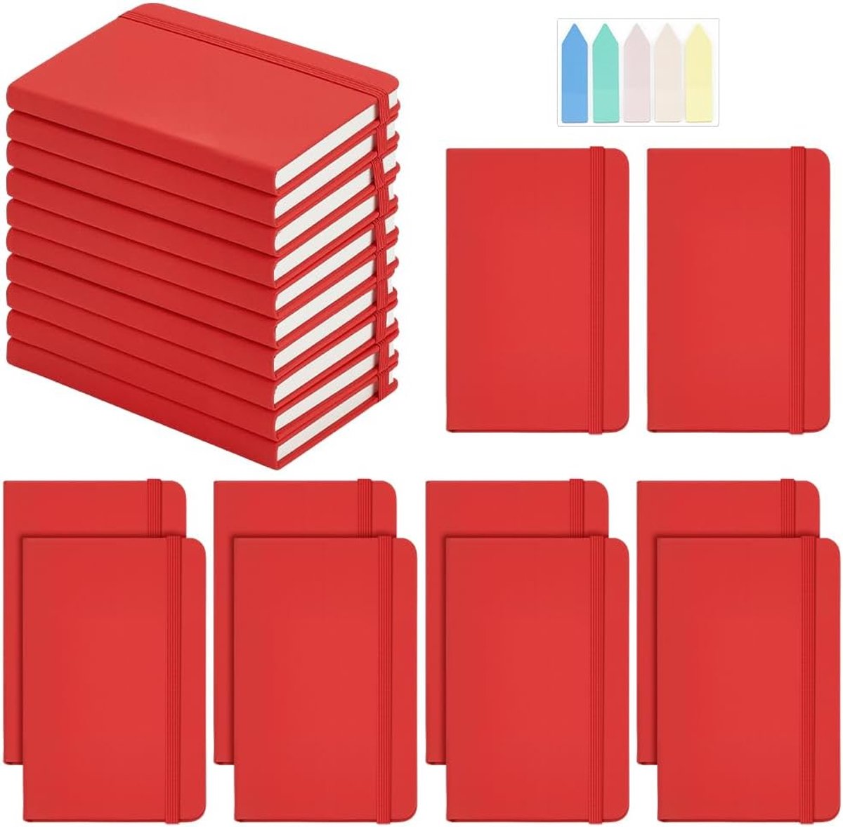 20 stuks kleine notitieboeken, 9,3 x 14,3 cm, om te schrijven, hardcover, gelinieerd, met elastische band, voor werk en kantoorbenodigdheden, rood