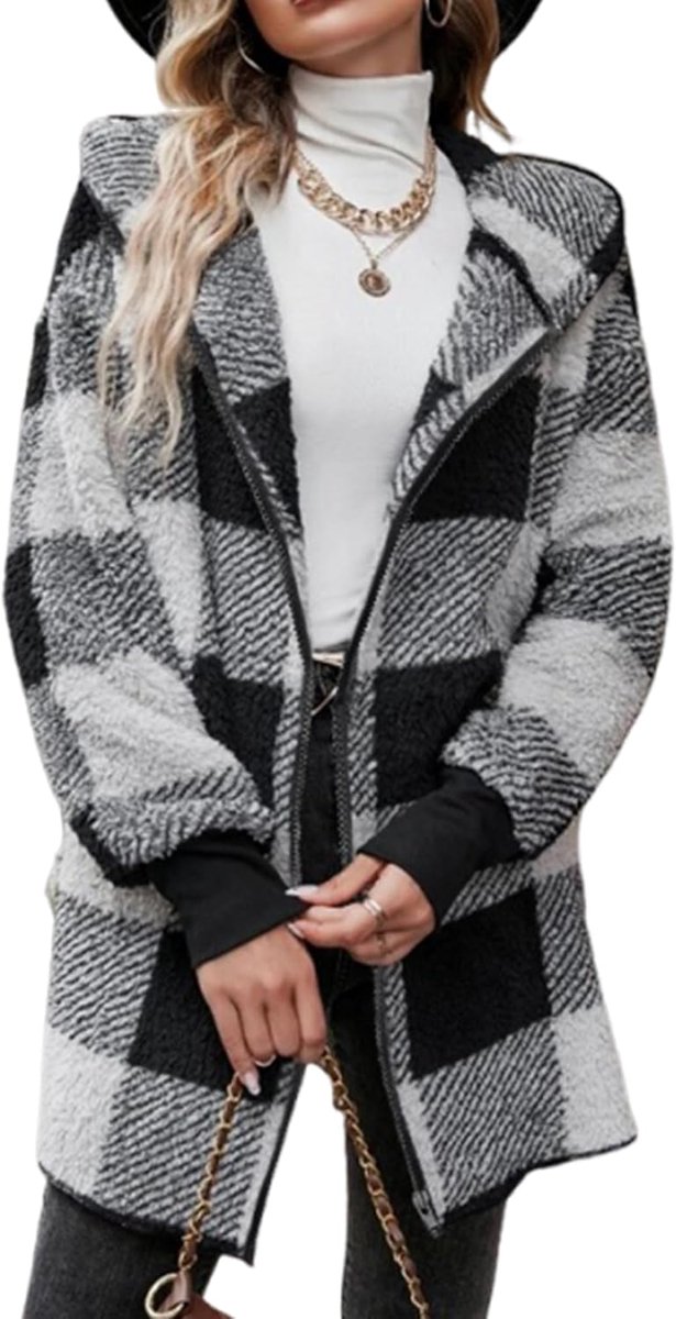 Geruite teddyjas voor dames, winter, warme sherpa fleece teddy jas met capuchon