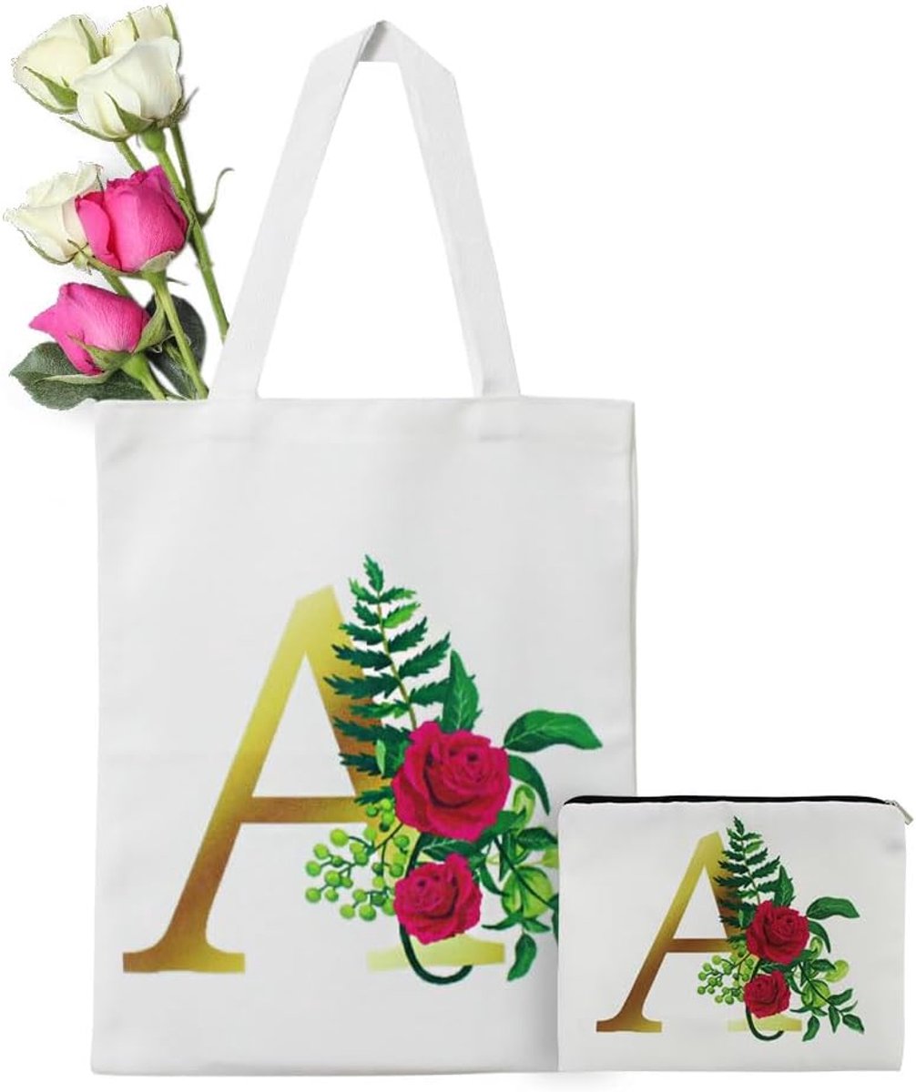 Boodschappentas 2 stuks set bloemen canvas tote mama boodschappentas cadeau voor vriendin verjaardag cosmetisch geschenk canvas tas beige L + S, Beige, L(33cm*39cm/13in*15.4in)