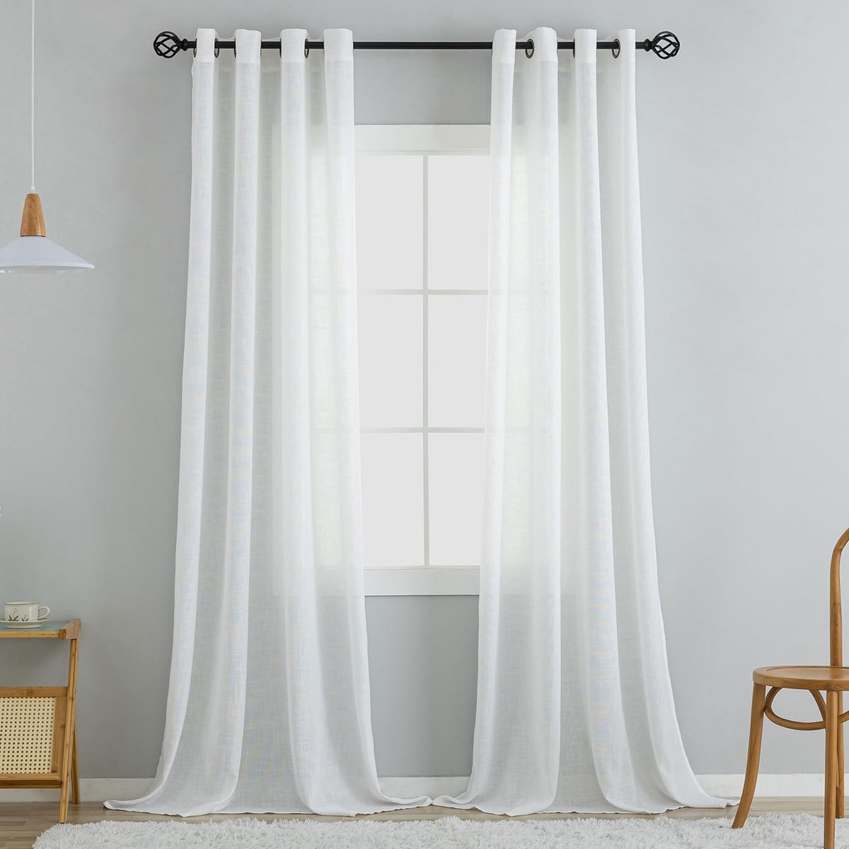 Natuurlijke linnenstructuur, met oogjes, linnen gordijnen voor ramen, woonkamer, wit, 160 x 140 cm (h x b), 2 stuks