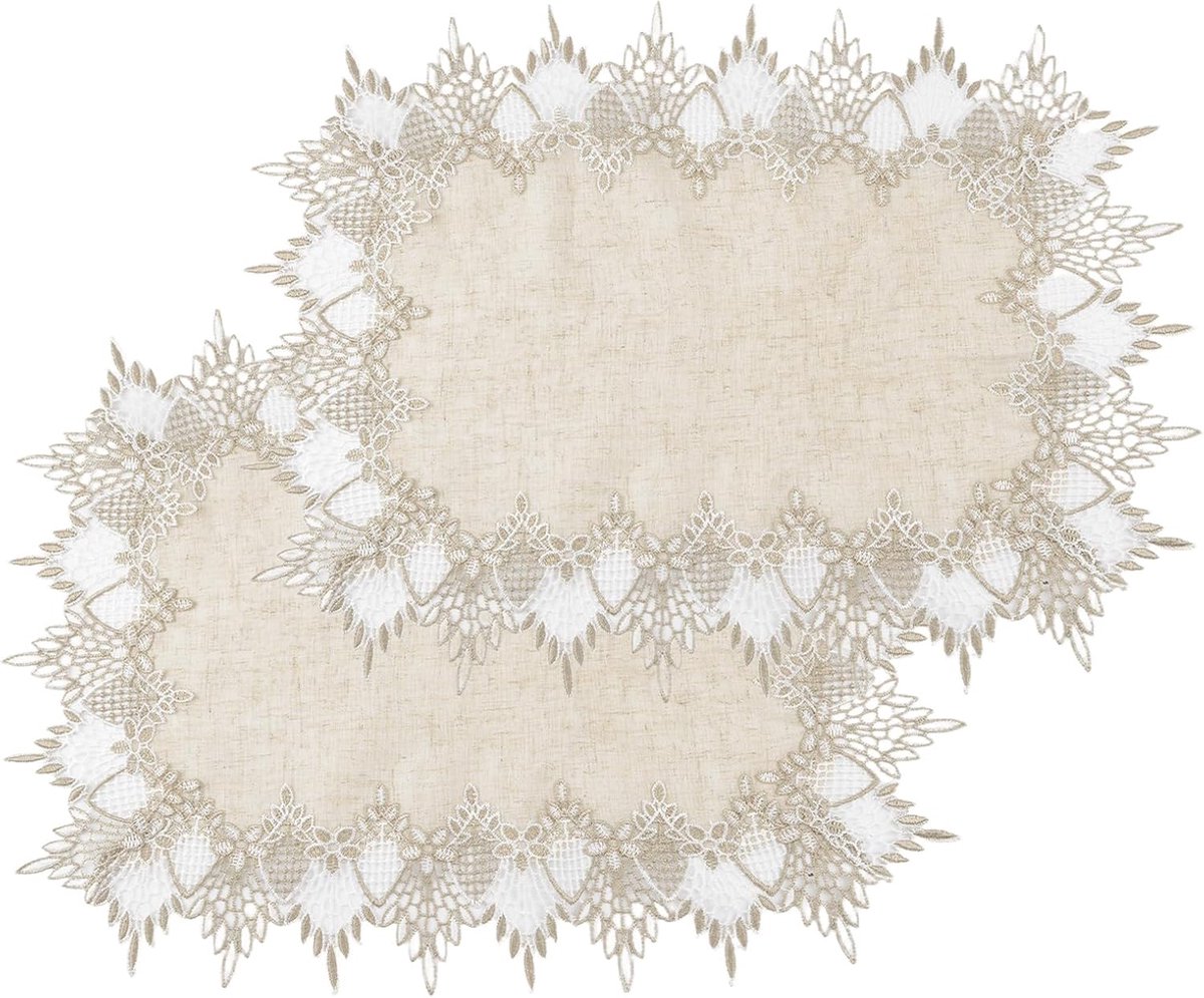 2 stuks rechthoekig linnen tafelkleed met kanten rand, kanten tafelkleed voor salontafel, 35 cm x 50 cm, voor tafeldecoratie voor eetkamer en keuken