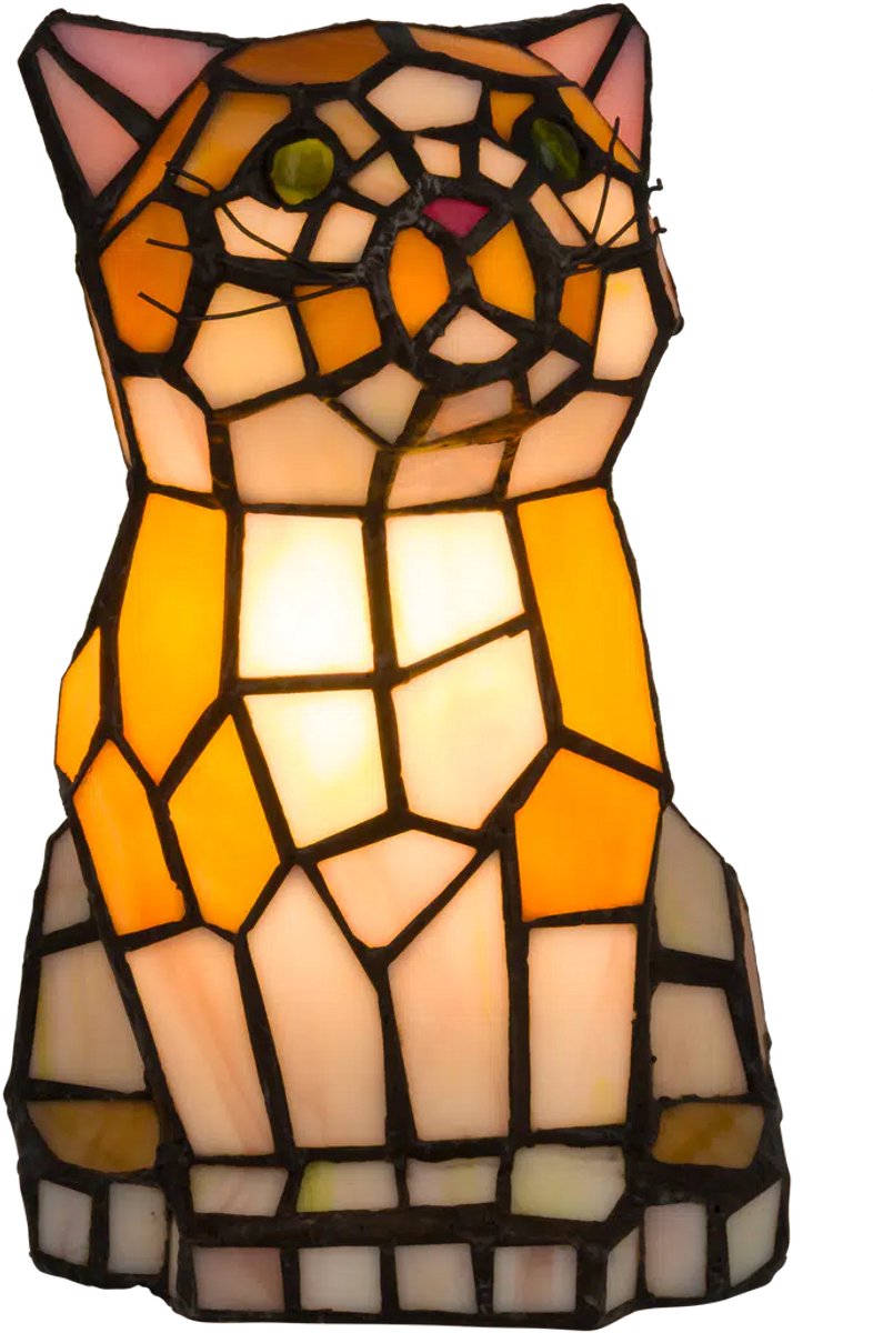 Tiffany Kat Zittend Oranje & Geel – Handgemaakte Glas-in-lood Lamp | RORUVERA