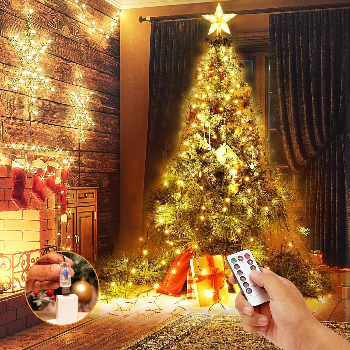 Kerstboomverlichting, 8 x 2 m, lichtketting, kerstboom, 280 leds, lichtnet, waterval, 8 modi, kerstverlichting voor kerstboomdecoratie, warmwit (USB)