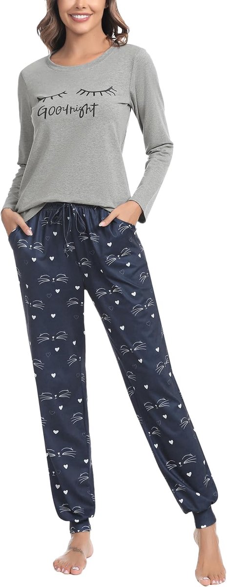 Katoenen Pyjamasets met lange mouwen, dames, nachtkleding met ronde hals, top met kattenprint en pyjamabroek