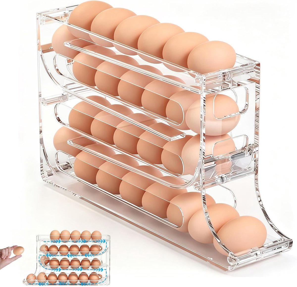 Eierhouder Voor 30 Eieren, Automatische Rollende Eierdispenser Voor Koelkast, 4-Tier Rollende Eierhouder Voor Koelkast, Ruimtebesparende Kunststof Organizer Voor Keuken En Aanrecht