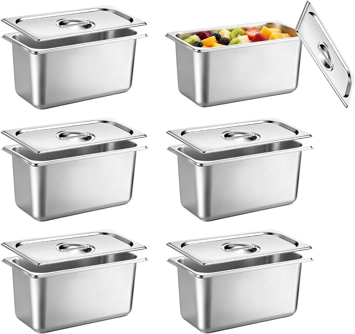Set van 6 GN 1/3 RVS Bakken met Deksel | Stapelbare Gastronorm Containers 33x18x15cm, Roestvrijstalen Voedselbakken voor Keuken, Buffet en Catering