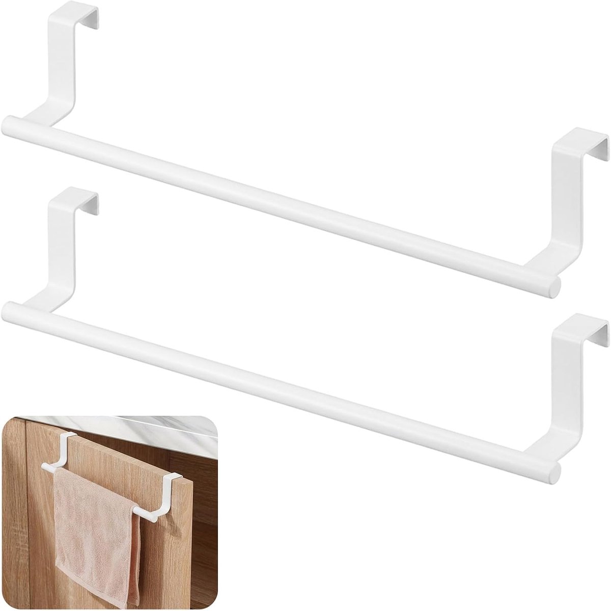 Handdoekhouder Roestvrij Staal om Op te Hangen, Witte Handdoekstang voor Kastdeur, 36 x 4 x 5.5 cm, 2 Stuks | Zonder gaten, krasbestendig en antislip, compact design voor deur, badkamer, voorwerpen binnen handbereik