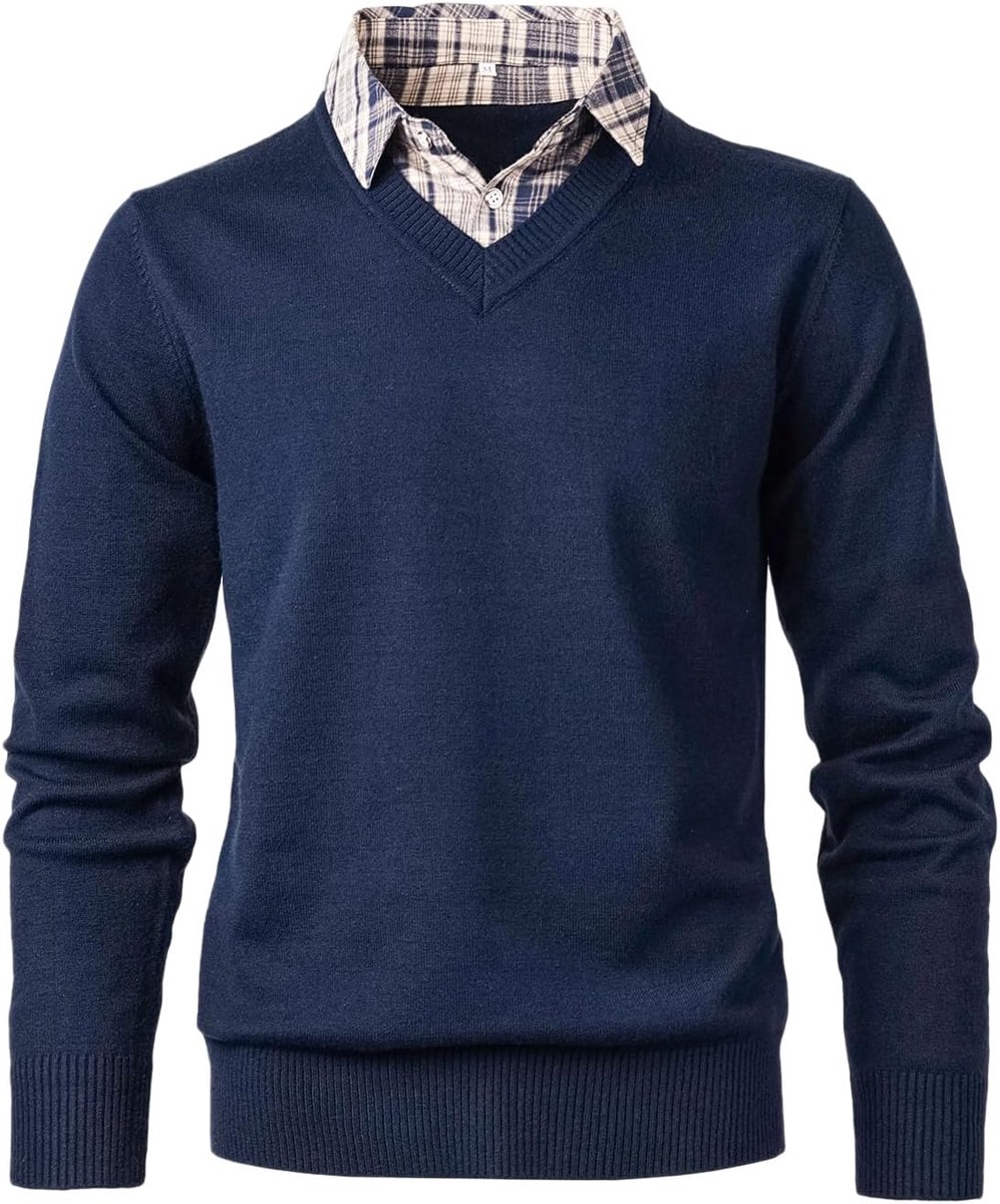Effen V-hals Truien Casual Slim Fit Truien Truien Truien Lange Mouwen met Mock Shirt Kraag Insert Gebreide Sweatshirt Shirts Tops