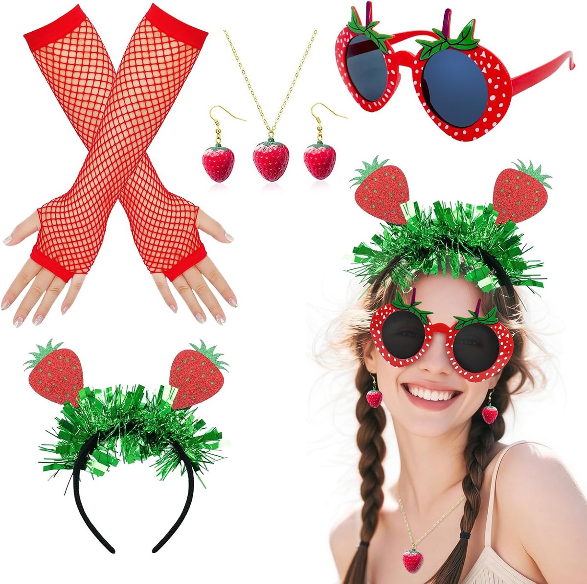 Aardbeikostuum voor dames, aardbeienhaarband, aardbeien, oorbellen, halsketting, bril, handschoenen voor aardbeienkostuum, Halloween, carnaval, kostuum