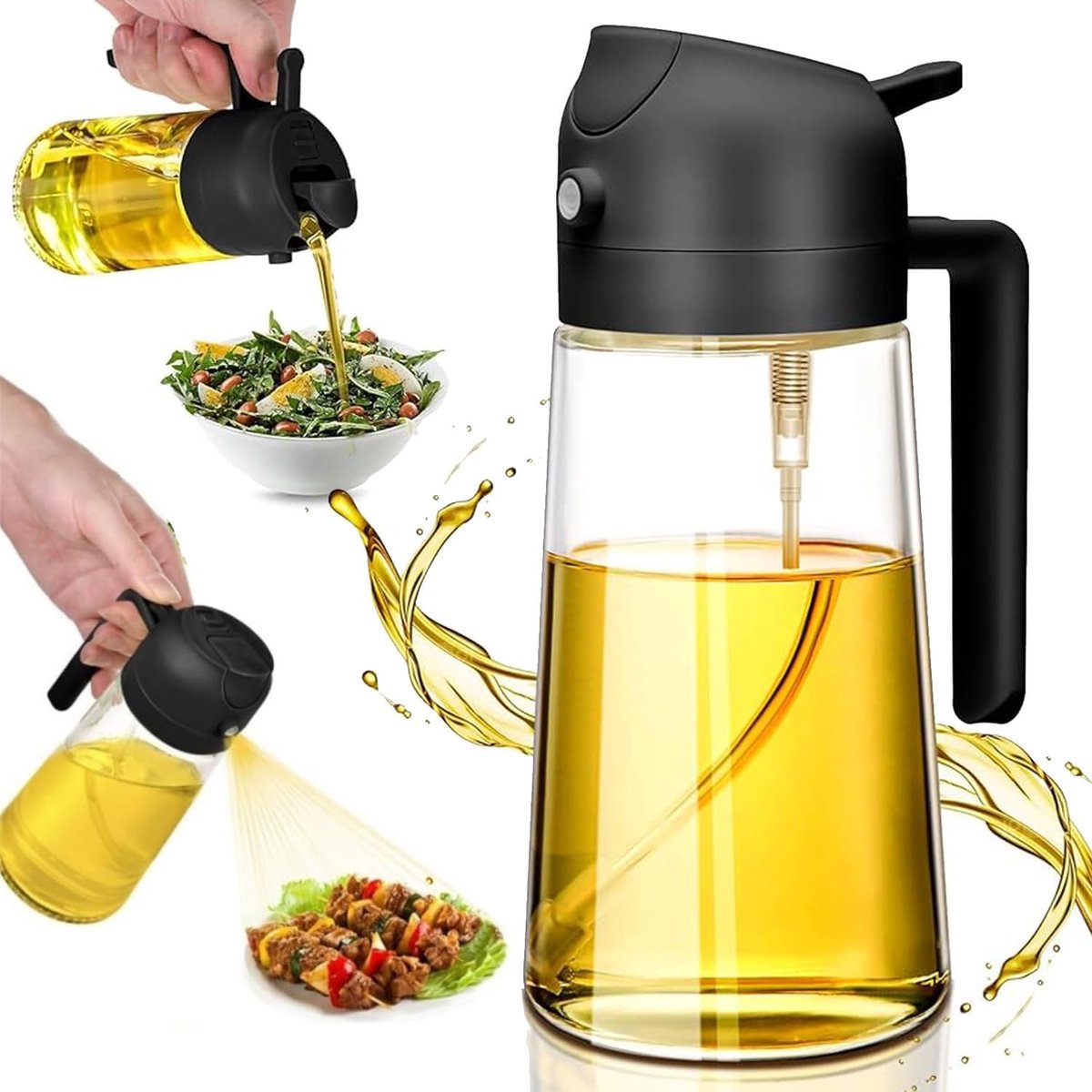 Oliesproeier voor keuken, dispenser, spray, oliedispenser, glasolie, lekvrij, luchtfriteuse, diffuser, spuitfles, 450 ml, 2-in-1 functie, ideaal voor koken, zwart