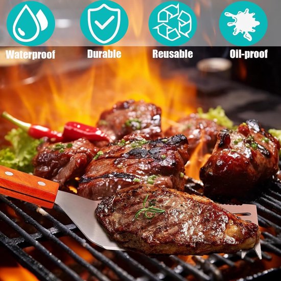 Grillspatel met vlammendesign, 42 cm roestvrijstalen spatel, houten handvat, multifunctionele grillspatel met flesopener — afbeelding 4