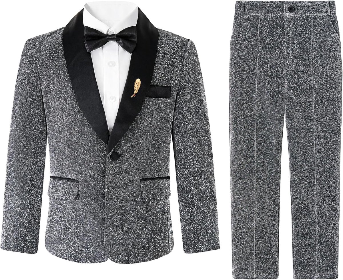 Jongenspak met fijne glitters, 4-delig kinderpak set, jongens smoking pak, jongens feestpak, blazer, broek, shirt, vlinderdas formele outfits voor kinderen