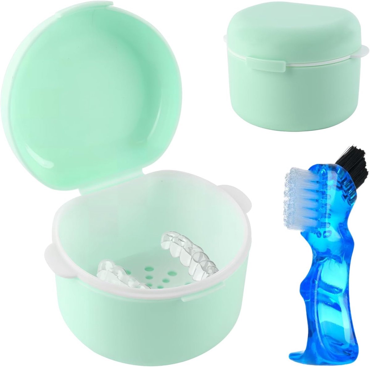 Tandprothesedoos met protheseborstel, prothesedoos van PP-kunststof, tandprothesenbox, tandschienedoos, Dental Pod, tandbeugeldoos, onzichtbare opbergdoos voor houder