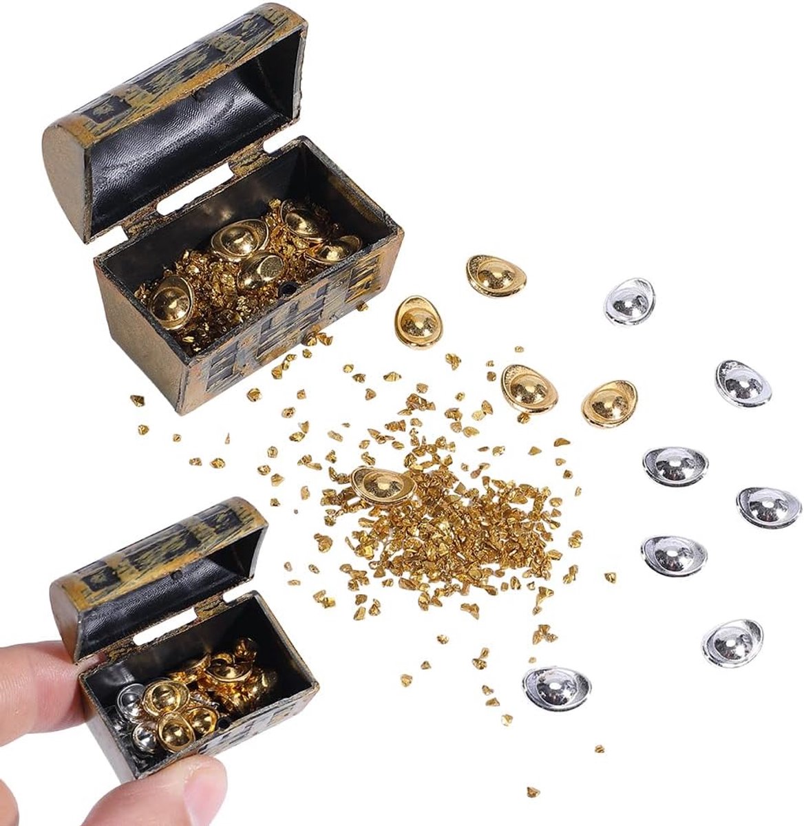 Miniatuur schatkistset, mini piraatenkist, vintage schatkist met 20 stuks goud-zilveren staven en bulk gouden chip voor knutselen, poppenhuis, miniaturen, micro-landschapsdecoratie