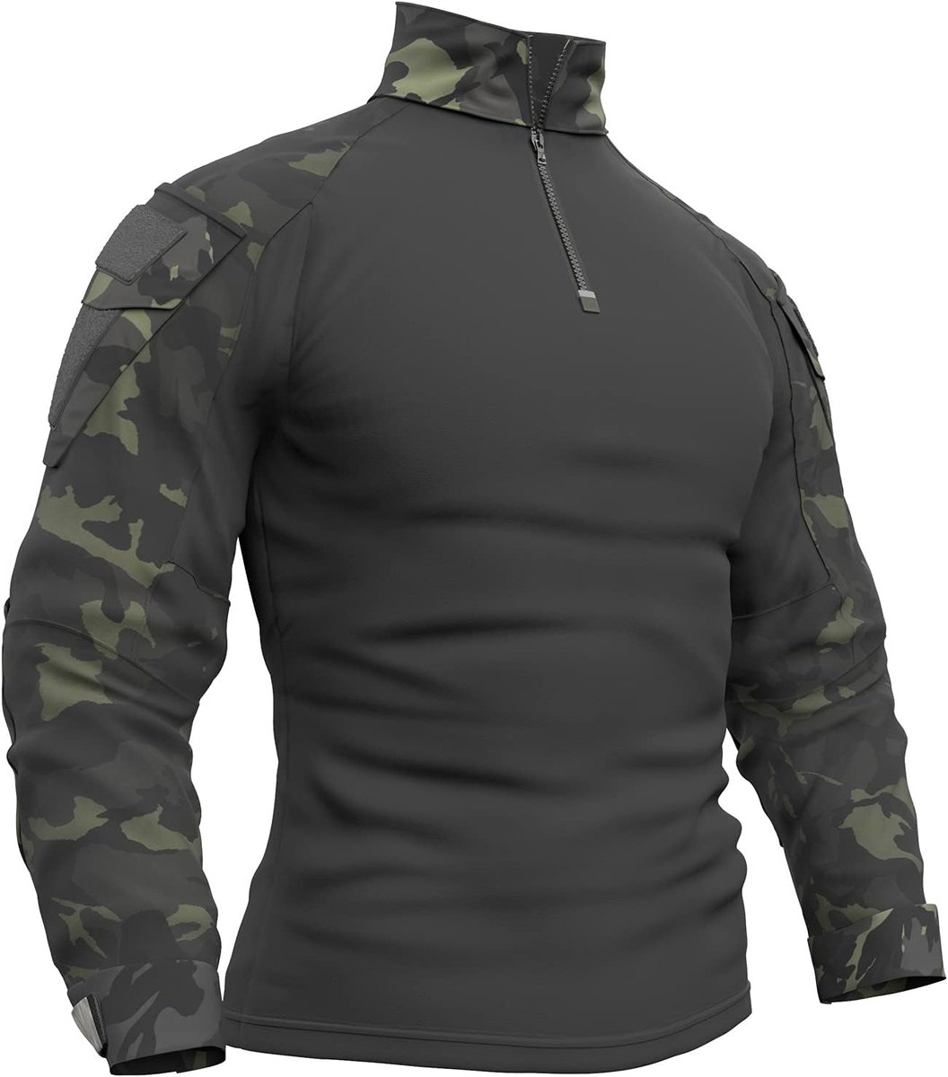 Militair tactisch legergevecht shirt met lange mouwen voor heren, slim fit, camouflage-T-shirt met 1/4 rits en zakken