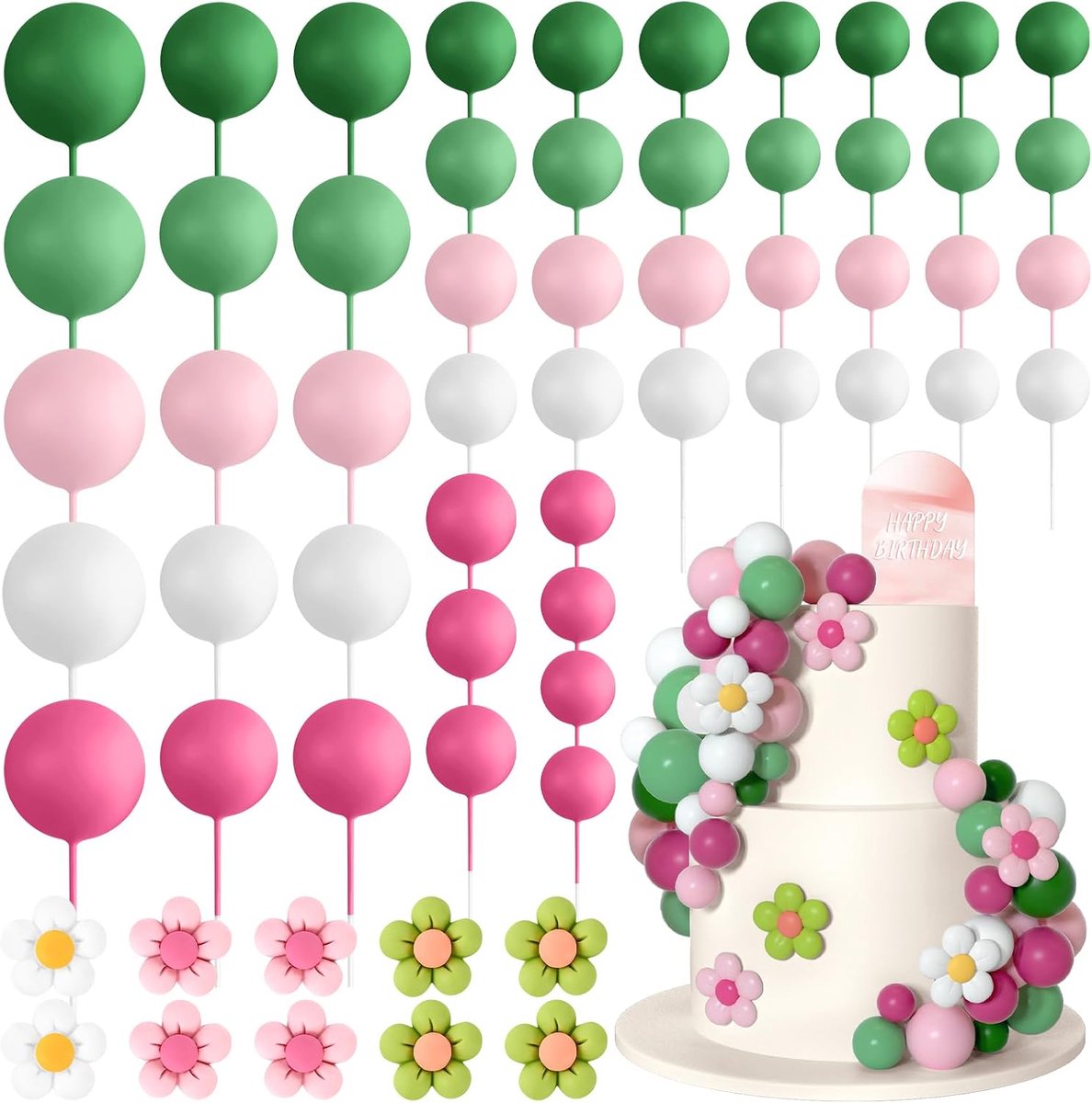 61 stuks Boho madeliefje bloem taart topper ballen decoraties mini ballon retro hippie acryl voor verjaardagsfeestje bruiloft regenboog babyshower (roze groen)