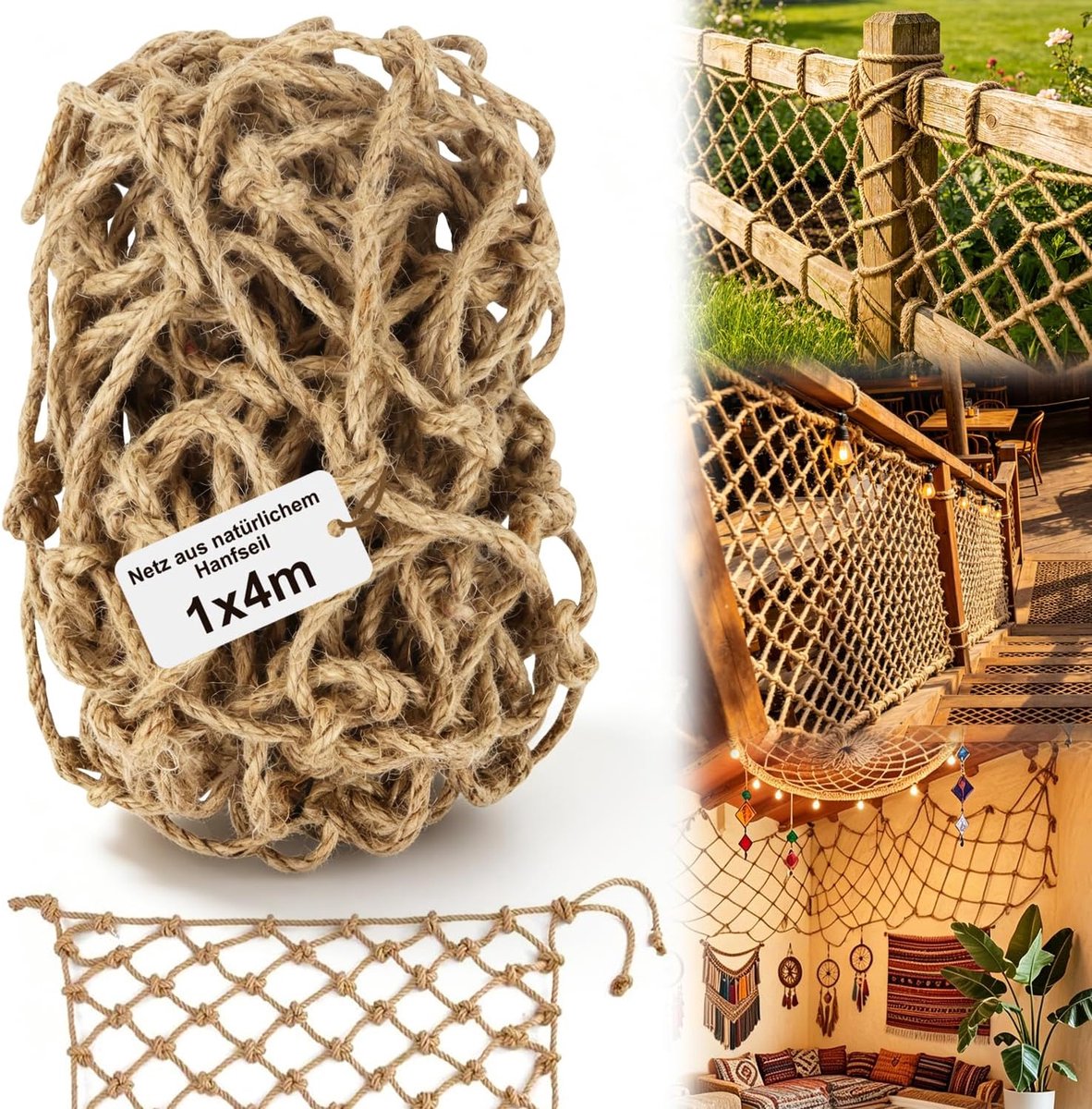 Decoratief touwnet, henneptouwnet, 4 mm, beschermnet voor kinderen, 1 x 4 m, hennepnet, outdoor ranknet, jute net, planten, plafondnet, hindernisbescherming voor balkon, trap