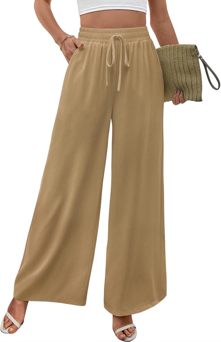 Damesbroek met hoge taille, brede broek met verstelbaar trekkoord en palazzo-zakken, losse broek, elegant