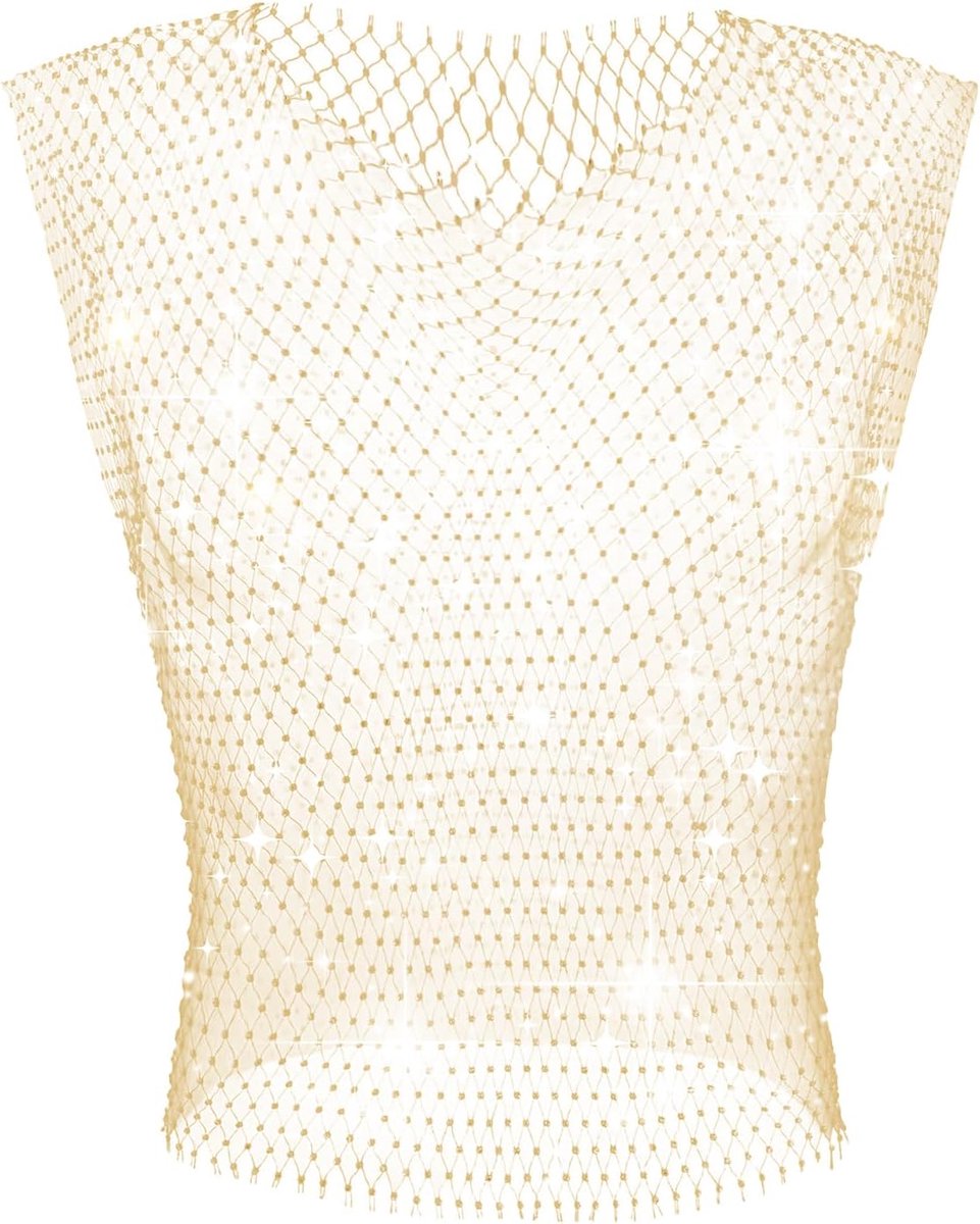 Mesh strass tops fishnet tanktop sexy cropped shirt rave doorzichtig vest