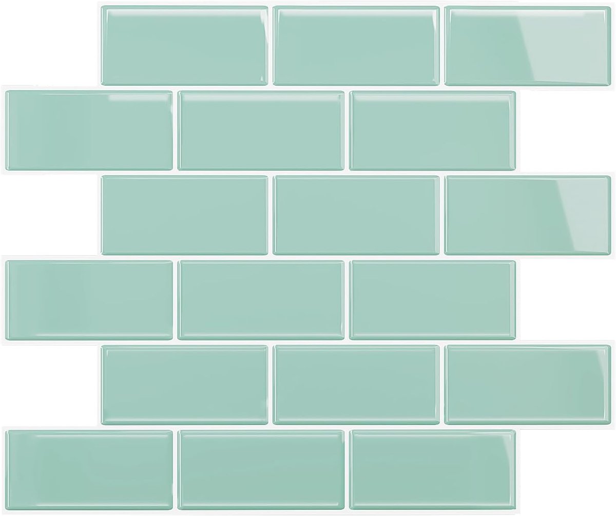 Mintgroen Rechthoek Zelfklevende Tegels 3D Tegelstickers Keuken Badkamer Waterdichte Keukentegels Plakken Over Wandtegels Zelfklevende Keuken Spatwand 30,5cm×30,5cm 24 Stukken